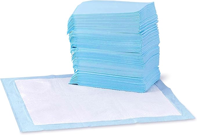 Amazon Basics Dog and Puppy Pee Pads, 5-Layer Leak-Proof Super Absorbent, Quick-Dry Surface, Potty Training, Regular (22×22″), 100 Count, Blue & White