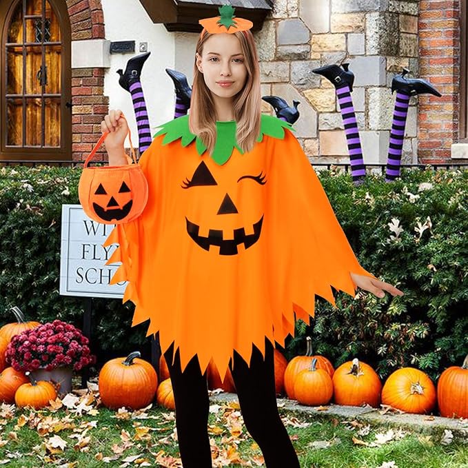 KOFECIT 3 PCS Halloween Pumpkin Poncho for Women,Pumpkin Cape Costume with Headband and Candy Bag,Halloween Costume for Women Adults
